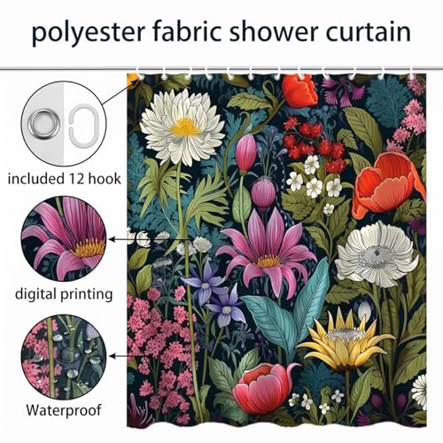 Colorful Floral Shower Curtain Set - Waterproof 72x72 Inch with Hooks