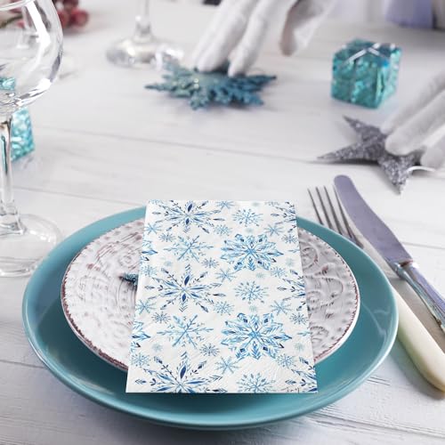 Christmas Snowflake Guest Napkins - Watercolor Blue Disposable Party Towels