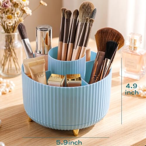 Y9A5N0K3O Blue Rotating Makeup Brush Holder with 5 Compartments
