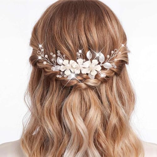 Catery Silver Wedding Hair Vine with Pearls and Crystals for Brides