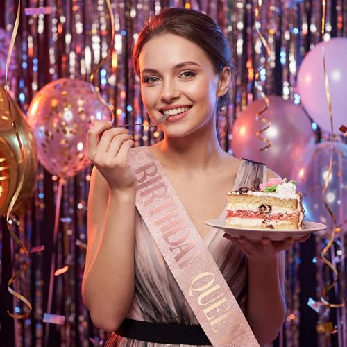 Rose Gold Birthday Queen Satin Sash with Glitter Foil Letters