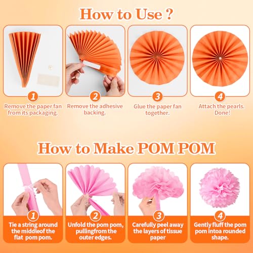 Pink Orange Birthday Decorations Kit for Women & Girls - Peach Gold Balloons, Banner, Cake Topper & Pom Poms
