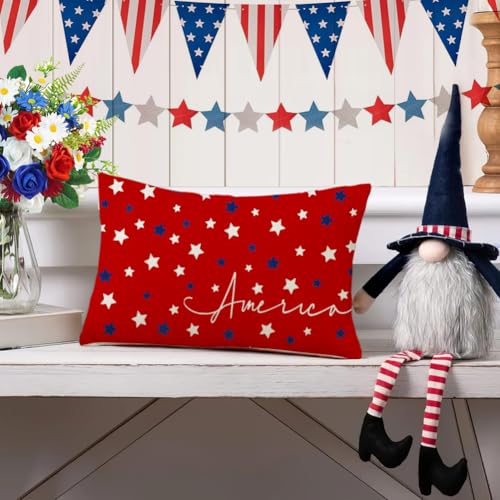 4th of July Patriotic Pillow Cover 12x20 Inch, Red White and Blue Stars Case