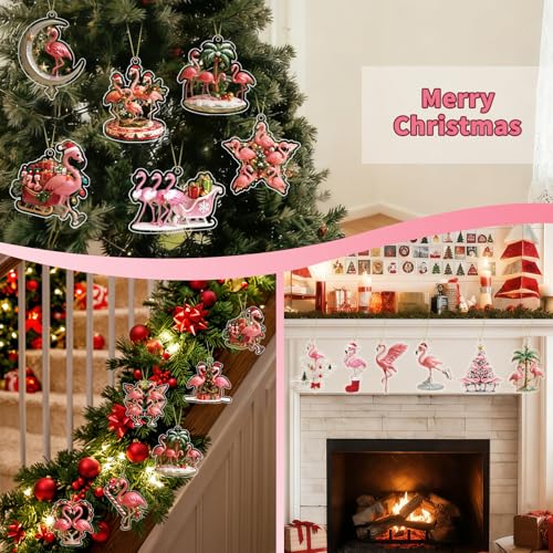 24Pcs Pink Flamingo Christmas Ornaments Acrylic Holiday Decor Set