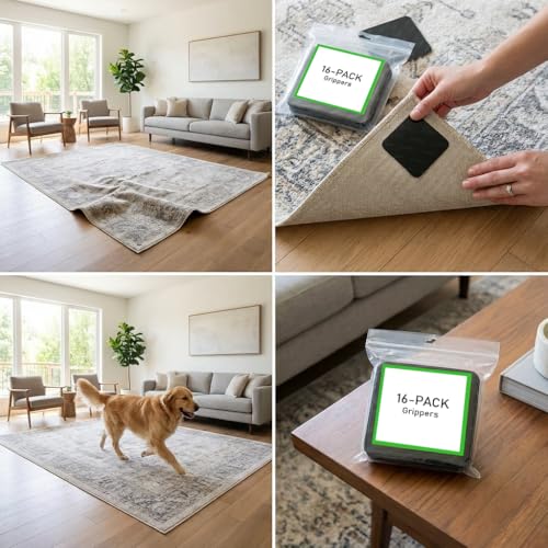 Non-Slip Rug Grippers for Hardwood Floors - 16 Pack Adhesive Corners