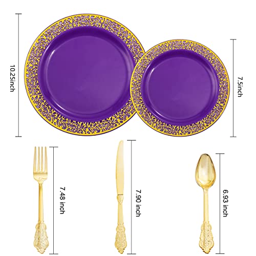 Purple Silver Plastic Dinner Plates with Gold Rim & Silverware Set – 150pcs