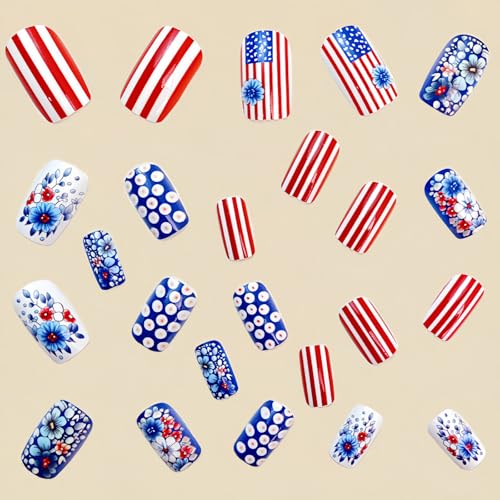 Independence Day Press on Nails Medium Square 4th of July Fake Nails 24 Pcs