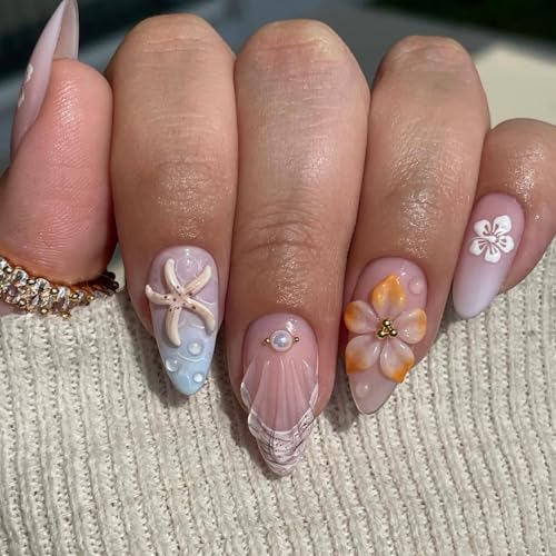 Short Almond Press On Nails Fall Flower French Tip Fake Nails 24Pcs