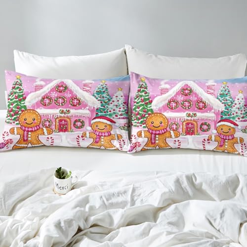 Kids Pink Christmas Sheet Set King Size - Merry Christmas Bedding for Boys & Girls - Variation of Pink White Green