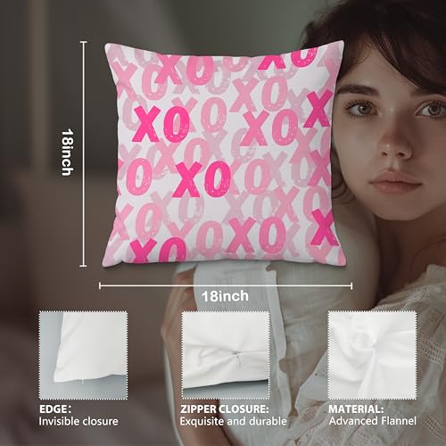 Pink XOXO Flannel Pillow Cover 18x18, Coquette Decor - Model 07