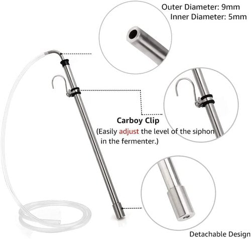 Fermtech Stainless Steel Auto Siphon 18" with Clip, Brush and 6 feet of Made in Canada tubing. Stainless Steel Siphon Racking Cane With Carboy Clip, Homebrewer Easily Transfer Wort From Container,