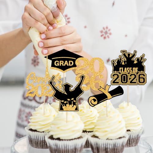 36 Graduation Cupcake Toppers - Black Gold Class of 2026