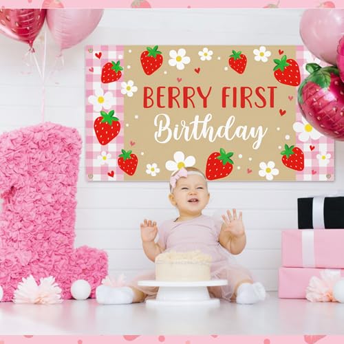 Berry First Birthday Banner - Pink Strawberry 1st Birthday Backdrop for Girls