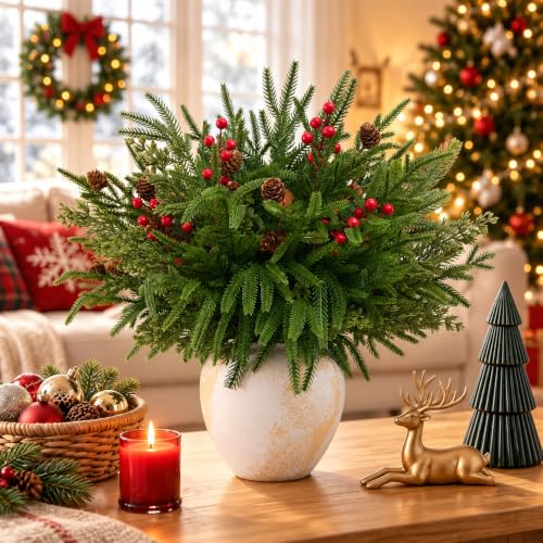 Christmas Norfolk Pine Stems - 16pcs Real Touch Holiday Decor for Vase & Wreaths (Variation: Christmas / 16 PCS)