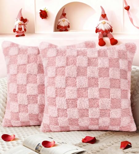 Valentine's Day Pillow Covers Set of 2 - 18x18 Inch Plush Faux Fur