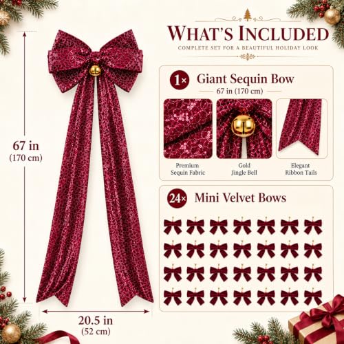 Large Burgundy Velvet Christmas Tree Topper with LED Lights - 1.97ft