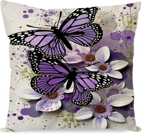 Butterfly Floral Throw Pillow Cover 18x18 Inch Purple Linen Cushion Case