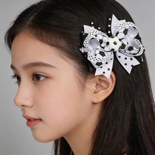 Soccer Hair Clips Black and White Ribbon Bows for Players and Fans