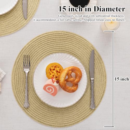 Set of 8 Gold Round Braided Placemats - 15 Inch Washable Table Mats for Dining & Holiday