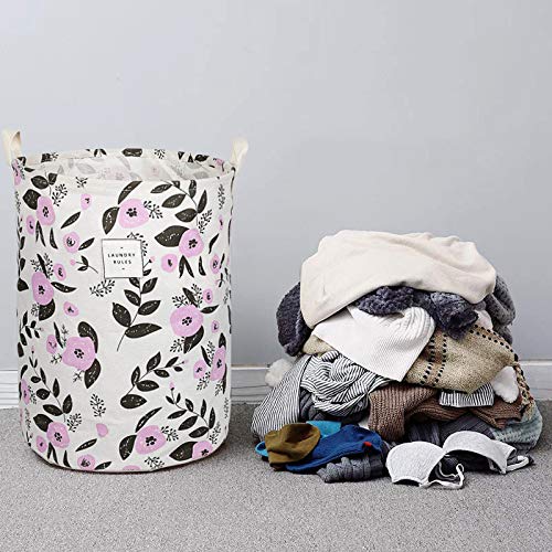UUJOLY Waterproof Round Laundry Hamper - Collapsible Cotton Linen Basket, 19.7x15.7 in, Purple