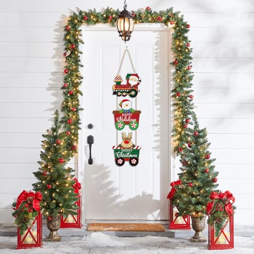Christmas Train Door Decor Set - Santa Snowman Reindeer Wreath Holiday Welcome Sign - 3 Pieces