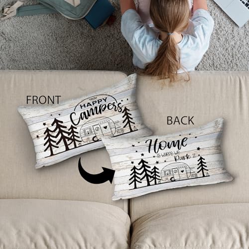 Happy Camper Reversible Throw Pillow Cover 12 x 20 Inch - Wood Grain Camper