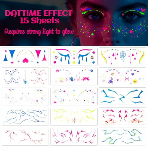 Konsait Glow in the Dark Face Temporary Tattoos 15 Sheets Neon Black Light