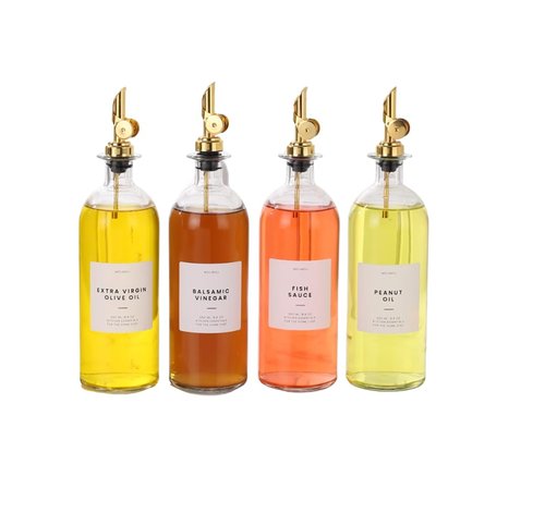 Molimoli Oil and Vinegar Dispenser with Metal Pour Spout, Weighted Pourer, Glass Bottle Dispenser for Kitchen, Olive Oil Cruet, Glass Olive Oil Bottle | 500ml, Set of 4
