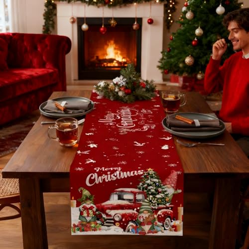 Christmas Linen Table Runner 13x70 Inch with Festive Pattern for Holiday Dining