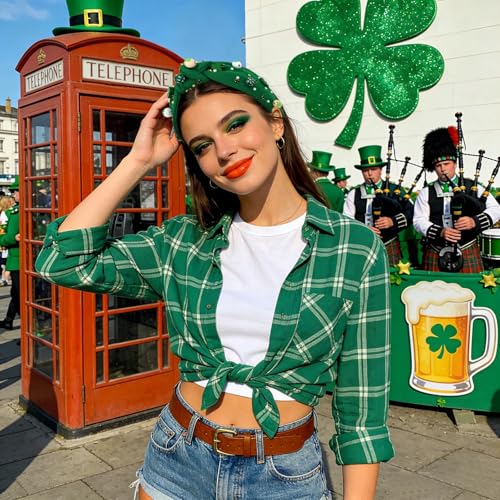 St Patrick's Day Green Top Knot Headband with Shamrock Beads & Pearls