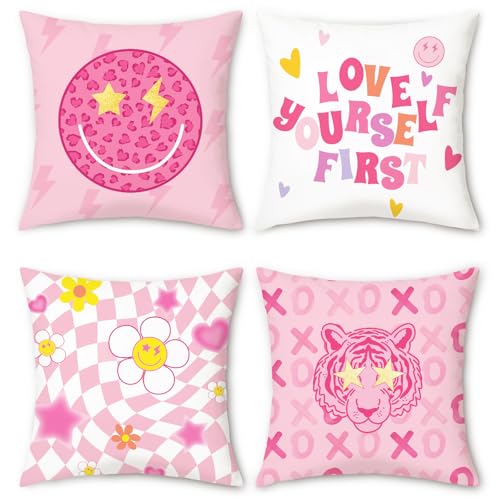Pink Velvet Throw Pillow Covers Set of 4 - Cute Smiley Face and Tiger Design, 18x18 Inches