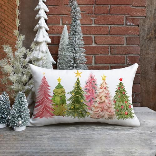 Pink Green Christmas Pillow Cover 12x20 Inch | Watercolor Tree Design