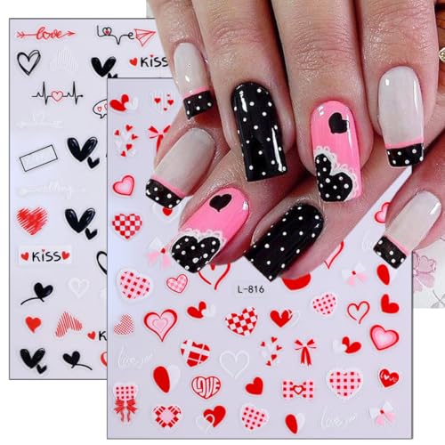 GUAACCB 6 Sheets Valentines Nail Stickers 3D Love Heart Red Lips Bow Decals
