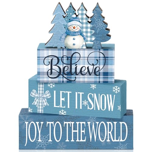 Christmas Blue Snowman Wooden Tiered Tray Decor Set - Holiday Table Centerpiece - Variation of THIS listing