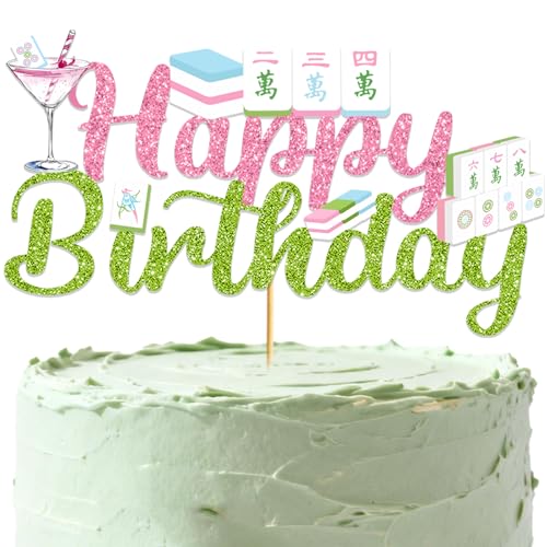Green Mahjong Cake Topper - Glitter Mahjong Party Decoration for Cakes