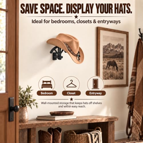 Wall-Mounted Cowboy Hat Rack with Adjustable Supports - Wooden Western Hat Holder