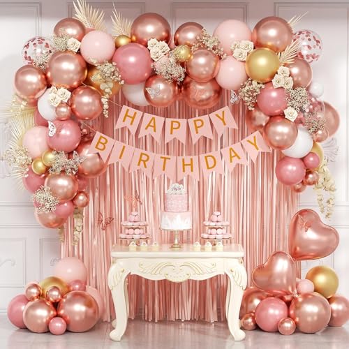 Rose Gold Birthday Decorations Set with Balloons, Banner and Fringe Curtain