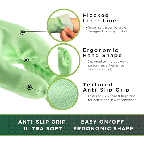 SHOWA 111 Large Skin-Friendly Dishwashing Gloves - Latex-Free PVC, Green, 2 Pack