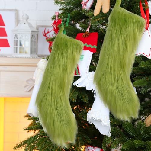 18 Inch Green Christmas Stocking Faux Fur Holiday Stocking Gift Bag