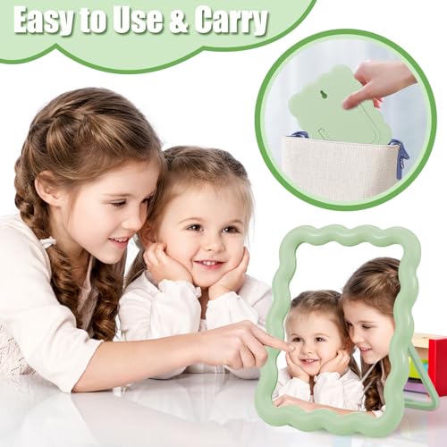 Green Wave-Shaped Adjustable Desk Mirror with Tweezer - Portable Makeup Mirror