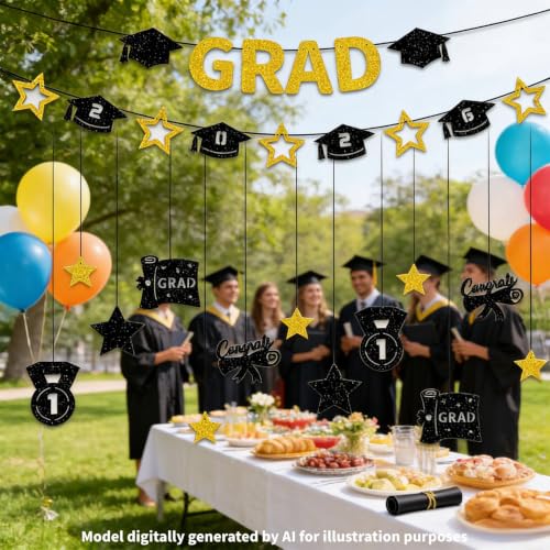 Class of 2026 Graduation Banner Set - Black & Gold Glitter Decor