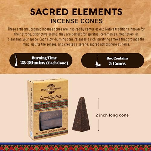 Eucalyptus Organic Incense Cones - Sacred Elements (Pack of 4) | Handcrafted, Low Smoke Aromatherapy for Relaxation