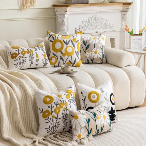 Boho Floral Tufted Throw Pillow Cover 18"x18" - Cotton Cushion for Sofa & Bed (Flower E)