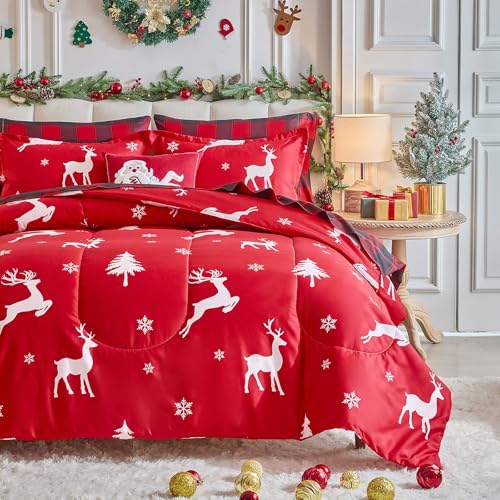 Christmas Bed in a Bag 6 Pieces Twin Set Deer Red Snowflake Holiday Bedding - Deer Red / Twin-6 Pieces