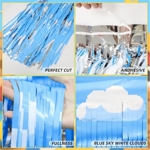 Blue Sky White Cloud Tinsel Table Skirts - 2 Pack Metallic Foil Party Decor
