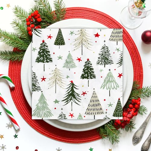 Christmas Tree Green Paper Napkins 6.5 Inch Pack of 50 - Disposable Holiday Decorations