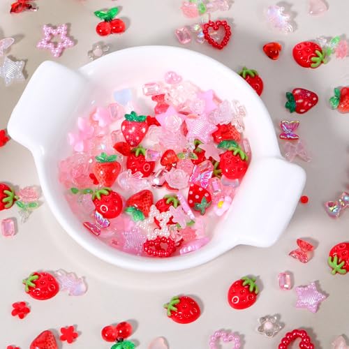 Vin Beauty 100pcs 3D Mixed Resin Nail Charms Strawberry Flower Bow