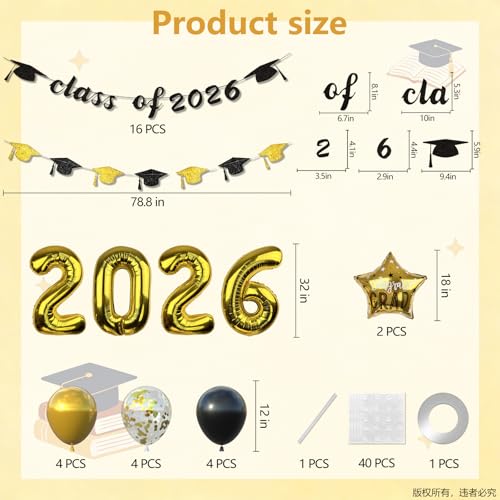 Class of 2026 Graduation Decorations Set - Black and Gold Theme