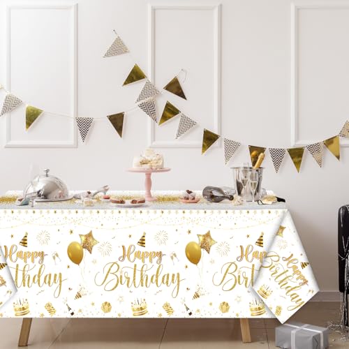 White Gold 3-Piece Plastic Birthday Party Tablecloths - Large 54x108 Inches