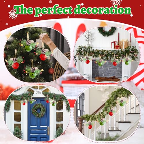 4 Pack Christmas Hanging Jingle Bells Ornaments - Red & Green Rustic Decorations with Frosted Pinecones & Berries